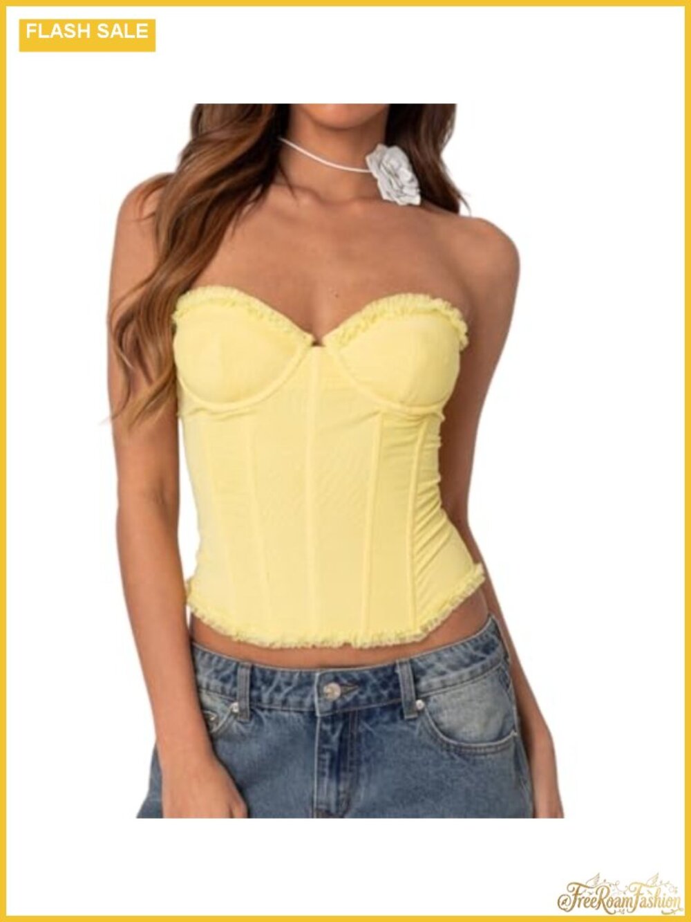 Women Y2K Bustier Corset Top Lace Up Boned Mesh Strapless